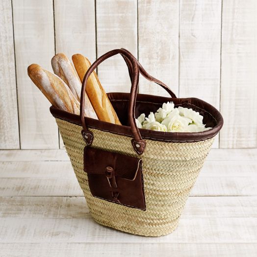 French Market Basket with Leather Trim and Pocket